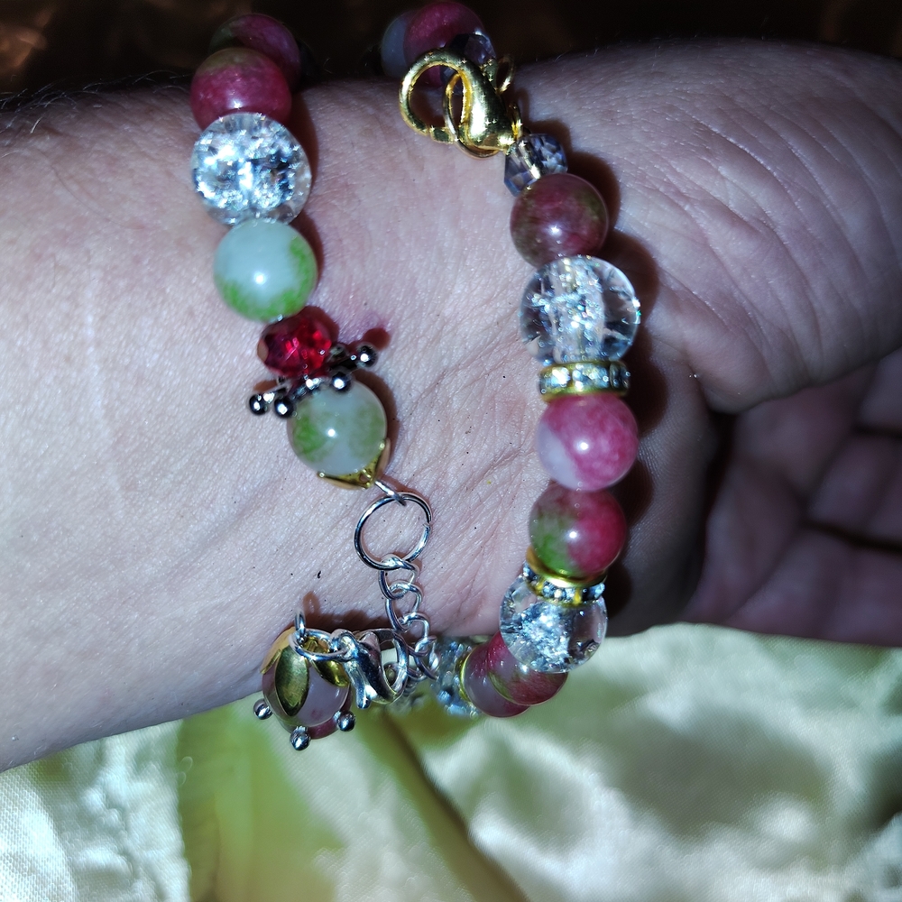 Red and Green Beaded Bracelet with Decorative Charms